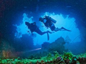Diving in a wreck at Truk Lagoon