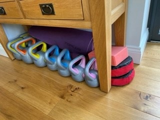 kettle bell weights, exercise mats and blocks used by Trust Activity Champion Sue to keep fit at home