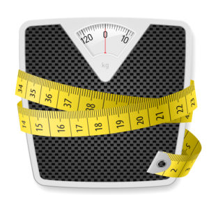 Bathroom weighing scales with a measuring tape wrapped around the middle