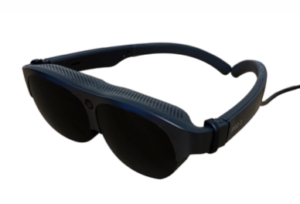 Smart glasses for the visually impaired with dark lenses and thick arms
