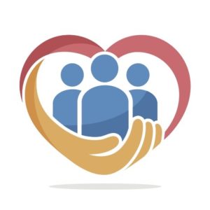 Illustration showing 3 people icons inside a heart with a supporting hand as the bottom part of the heart